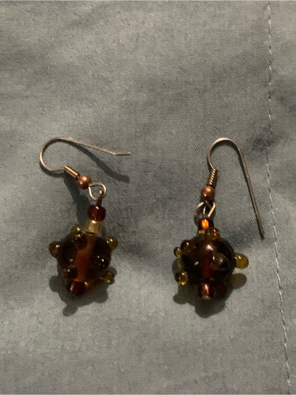 Handmade Amber Glass Bead Drop Earrings - Brown/Gold